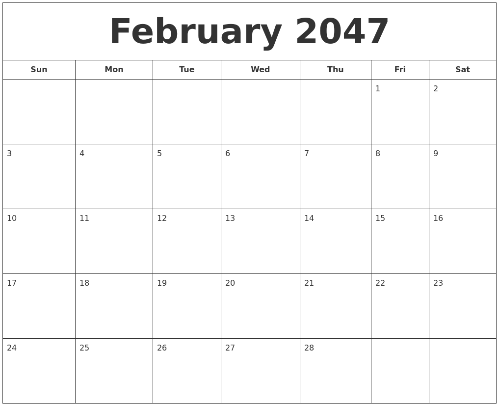 February 2047 Printable Calendar
