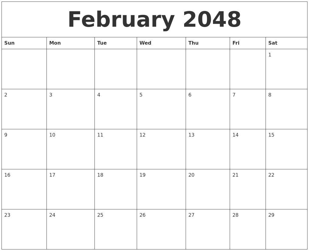 February 2048 Blank Monthly Calendar Pdf