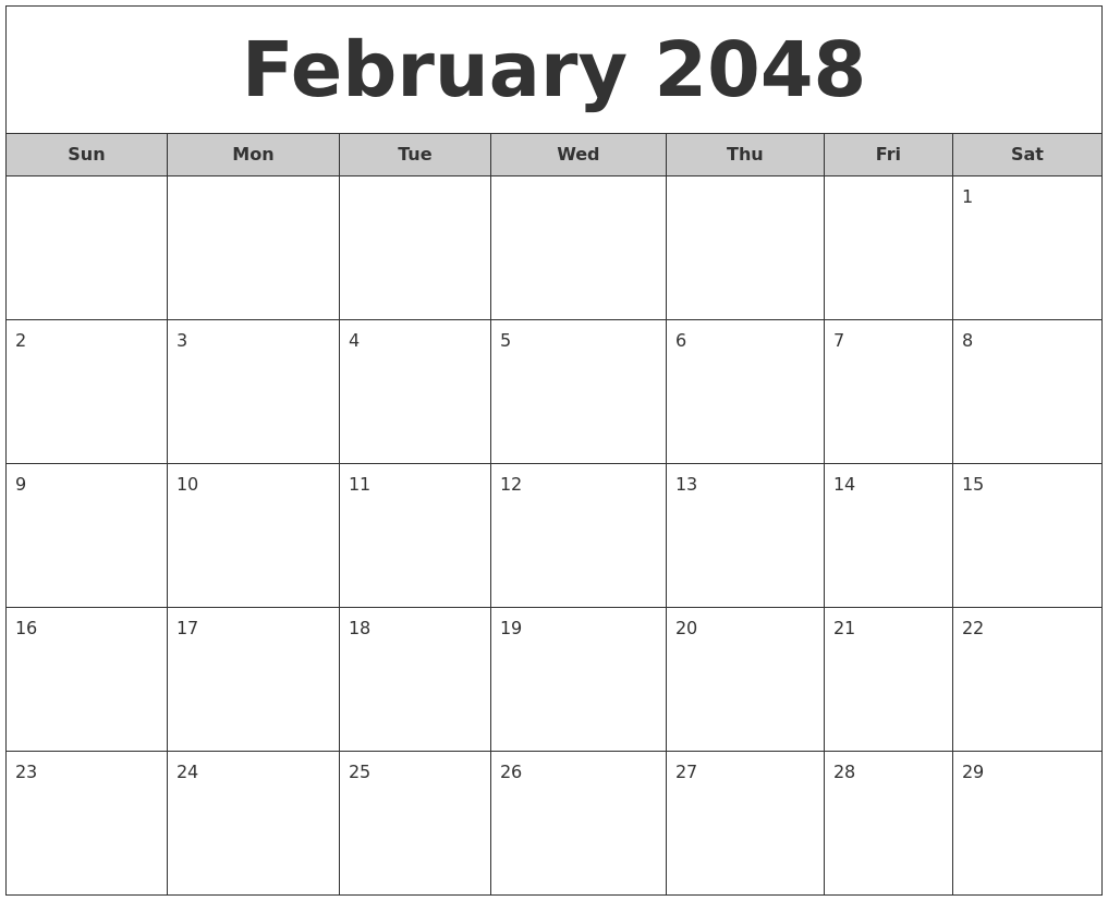 February 2048 Free Monthly Calendar