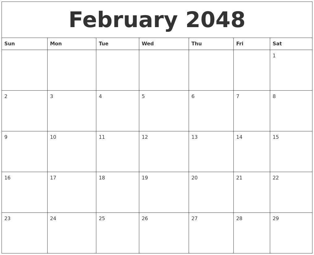 February 2048 Free Weekly Calendar