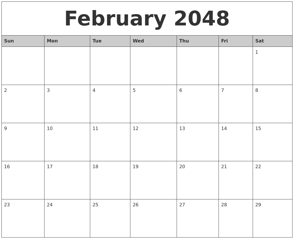 February 2048 Monthly Calendar Printable