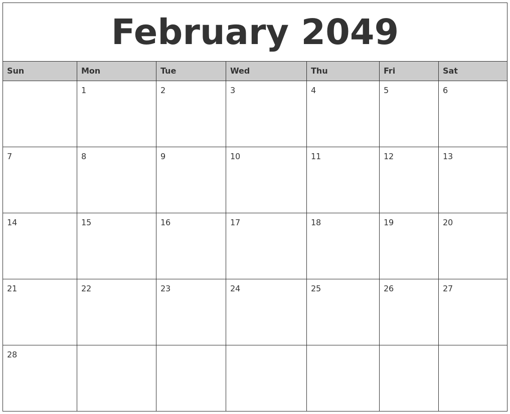 February 2049 Monthly Calendar Printable