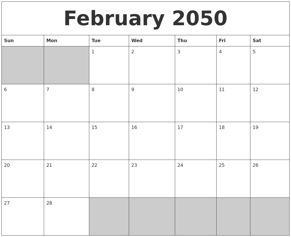 February 2050 Blank Printable Calendar