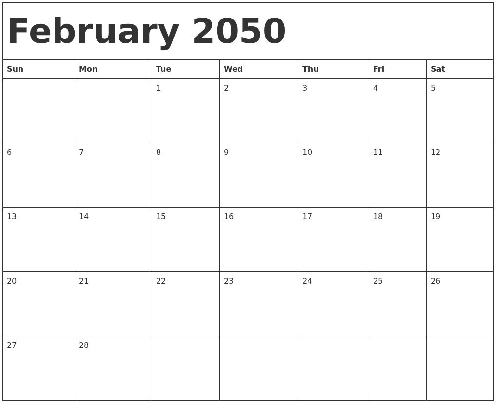 February 2050 Calendar Template