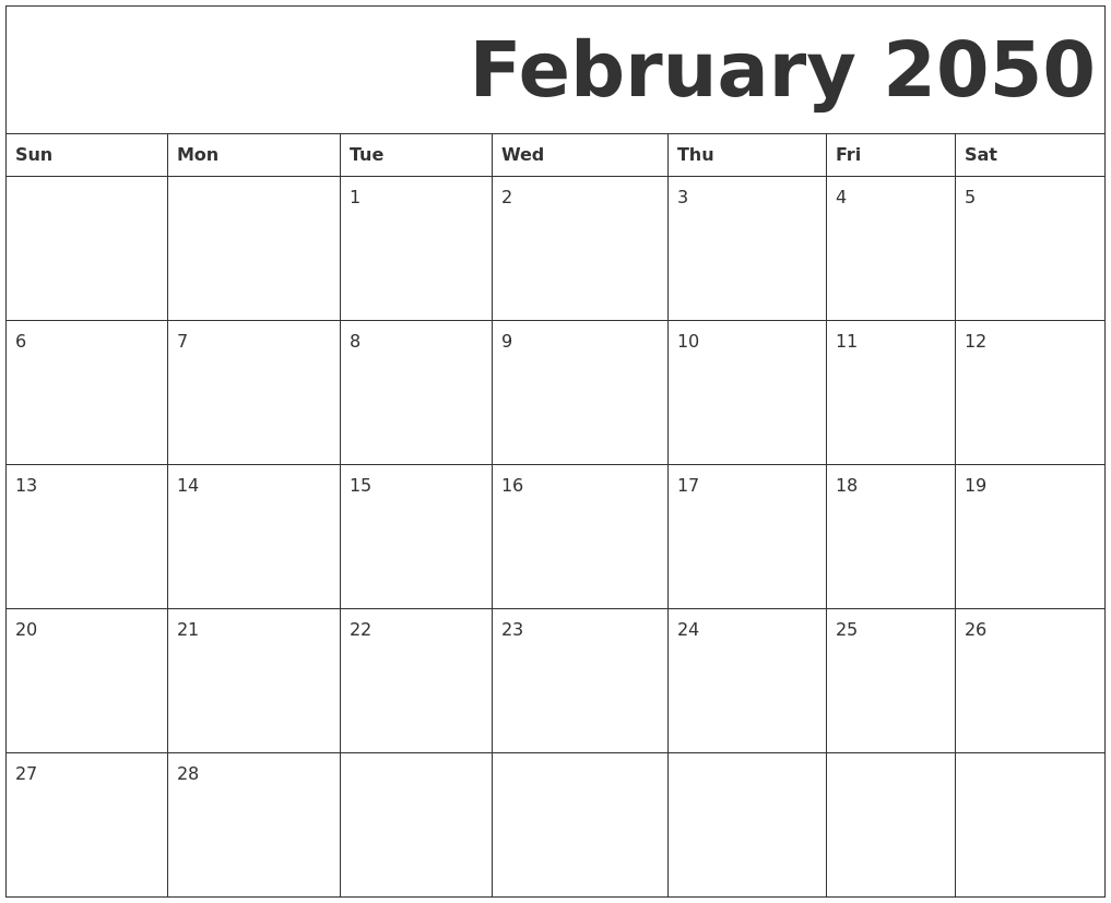 February 2050 Free Printable Calendar
