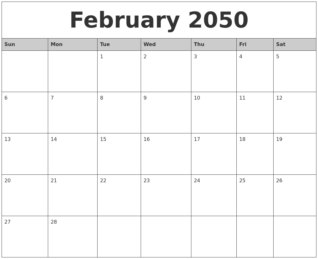 February 2050 Monthly Calendar Printable