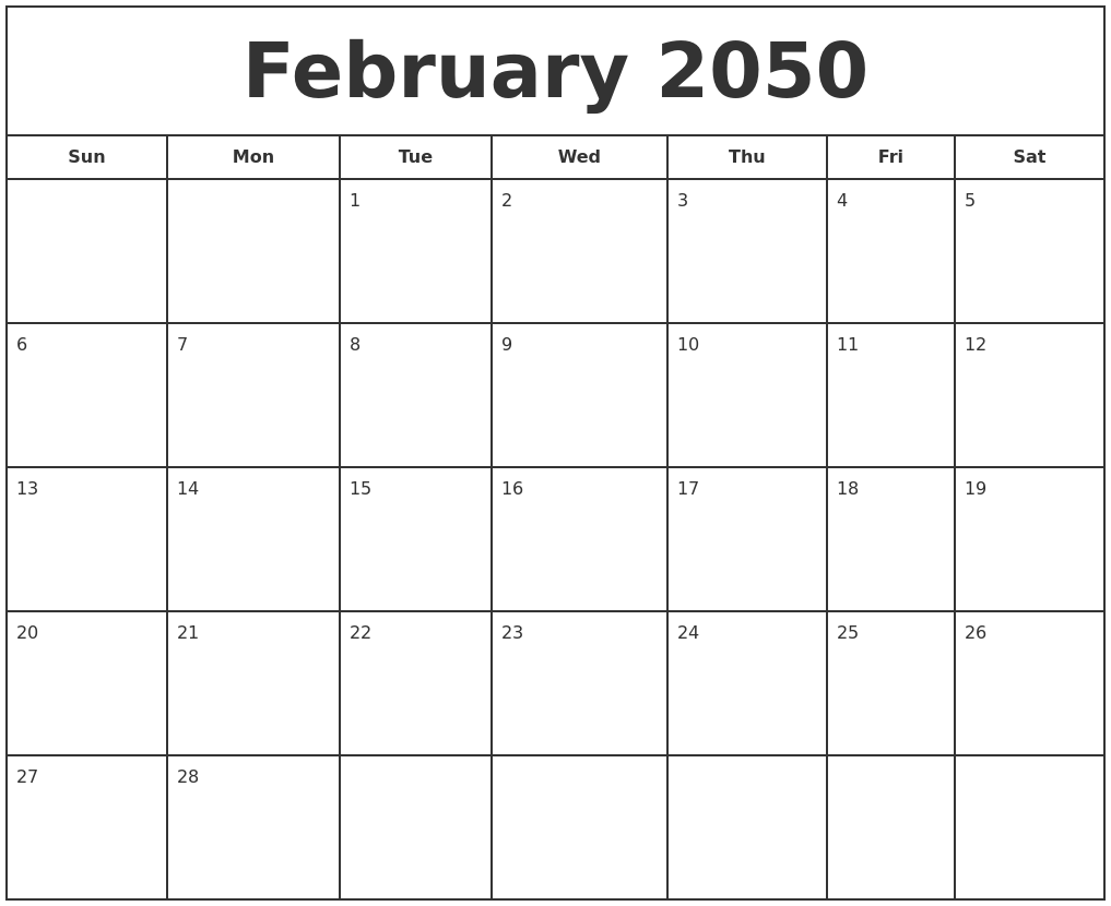 February 2050 Print Free Calendar