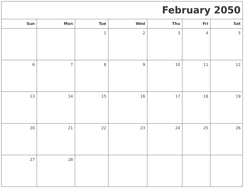 February 2050 Printable Blank Calendar
