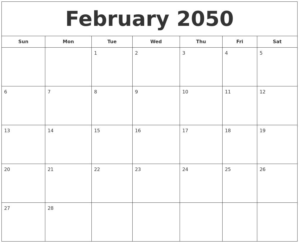 February 2050 Printable Calendar