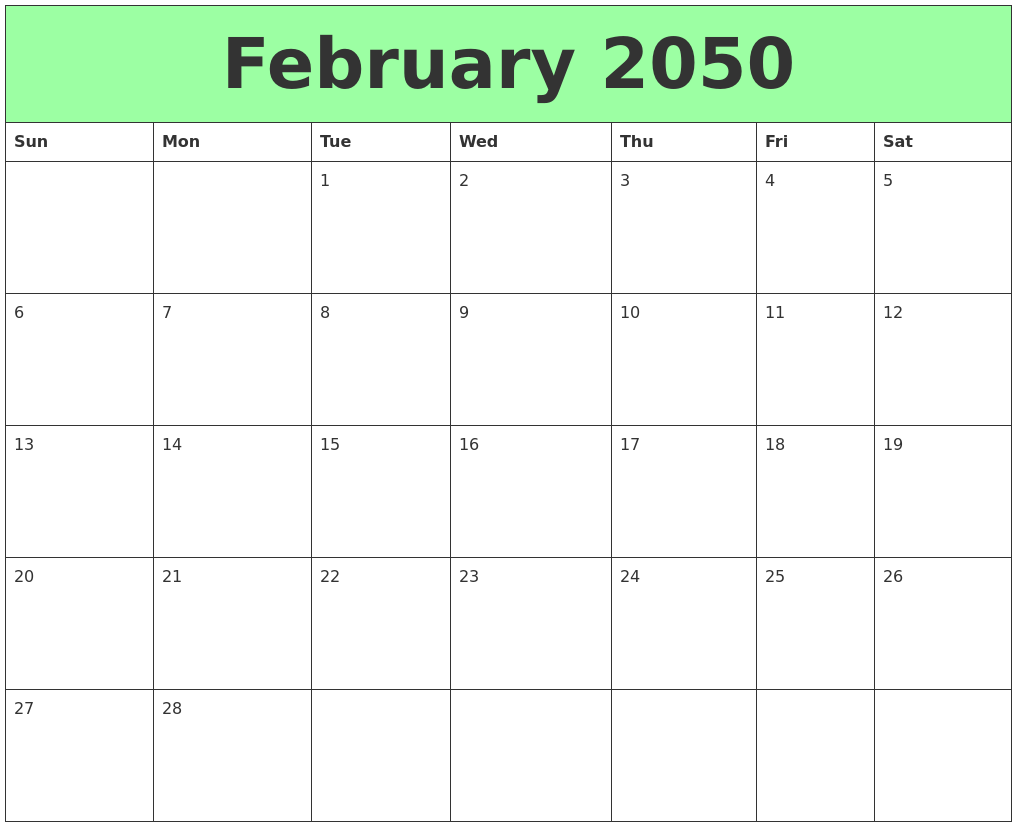February 2050 Printable Calendars