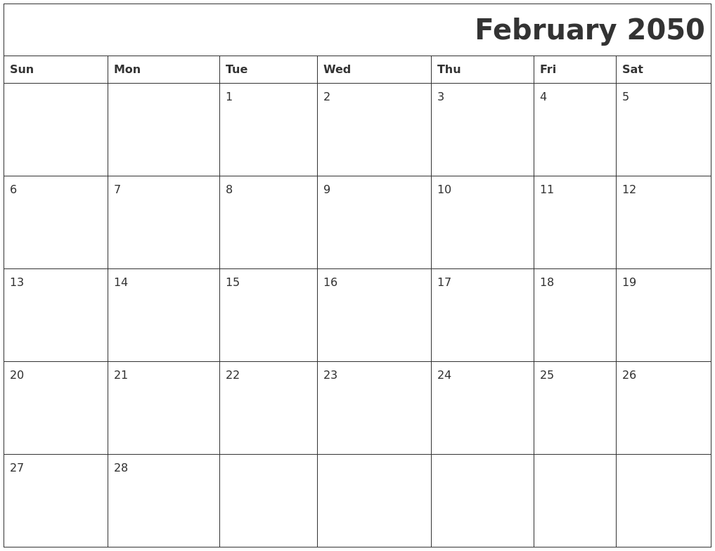 February 2050 Printable Calender