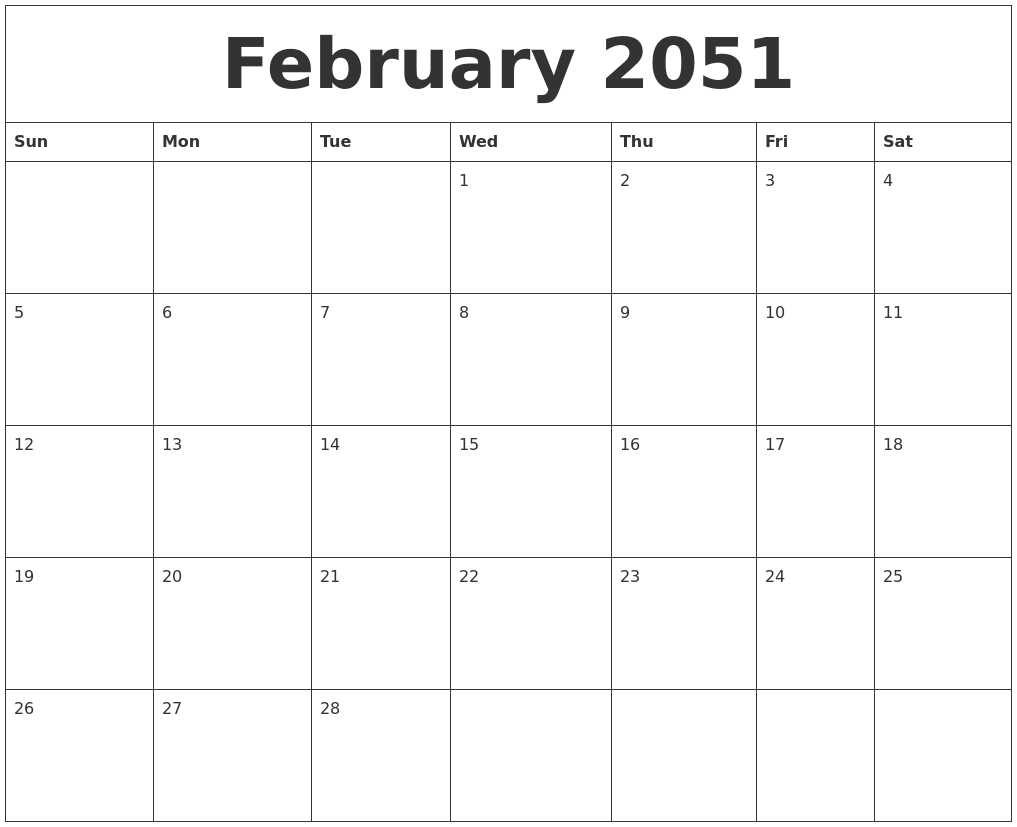 February 2051 Blank Calendar Printable