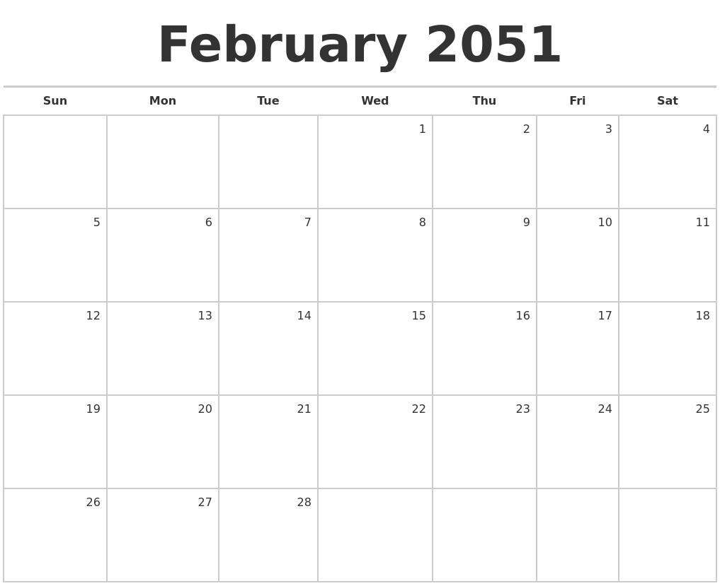 February 2051 Blank Monthly Calendar