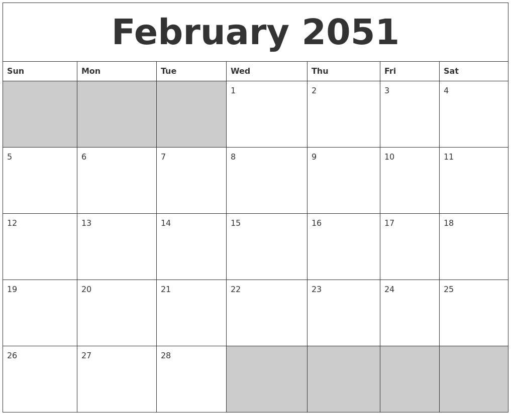 February 2051 Blank Printable Calendar