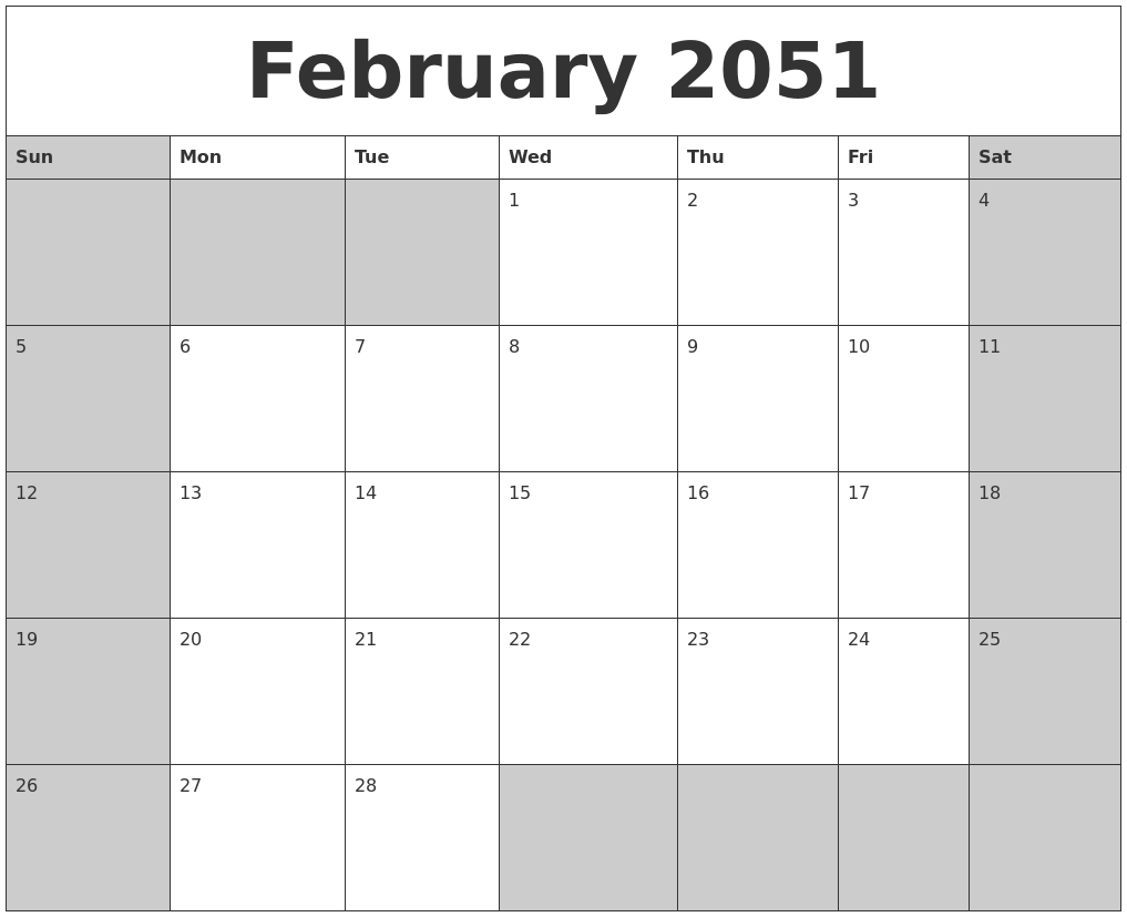 February 2051 Calanders