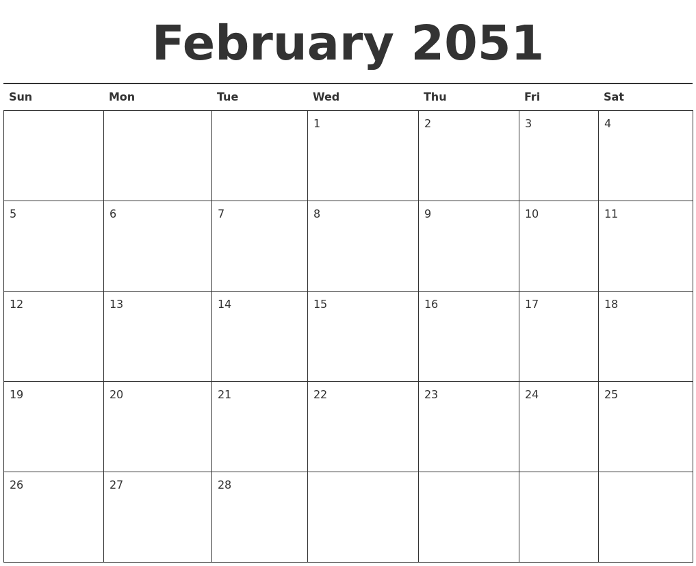 February 2051 Calendar Printable