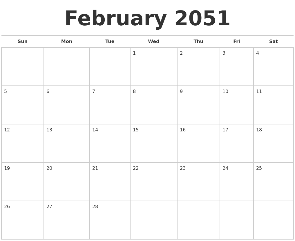 February 2051 Calendars Free