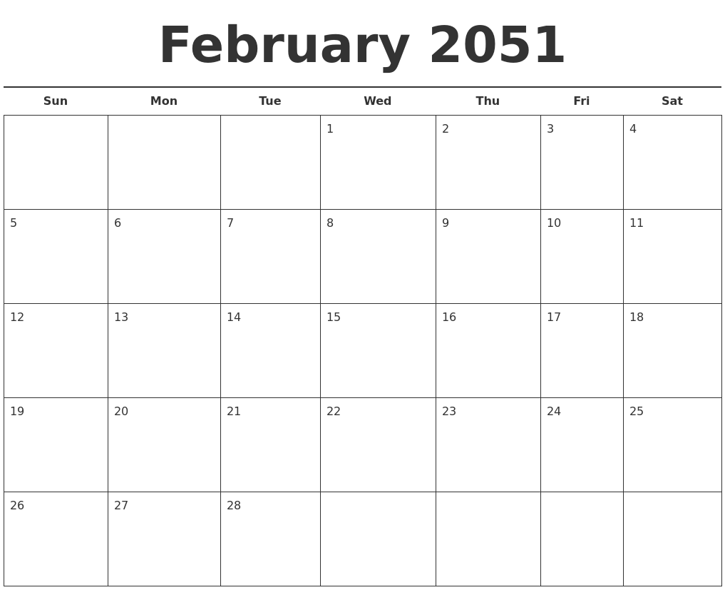 February 2051 Free Calendar Template