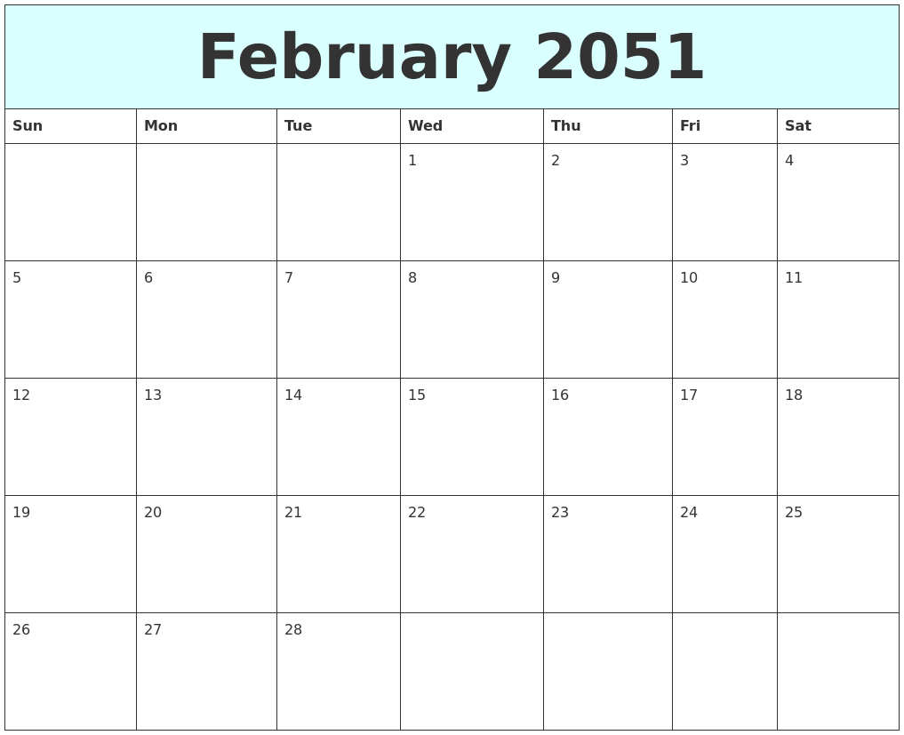 February 2051 Free Calendar