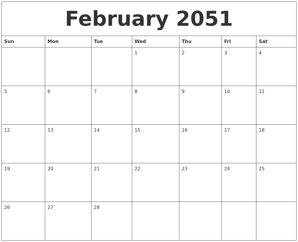 February 2051 Free Monthly Calendar Template