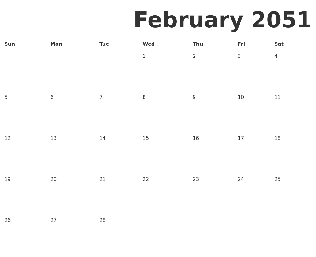 February 2051 Free Printable Calendar