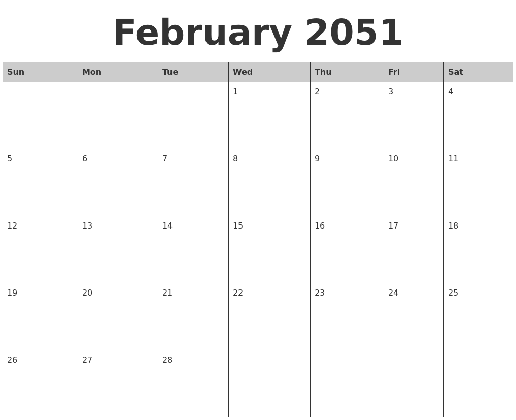 February 2051 Monthly Calendar Printable