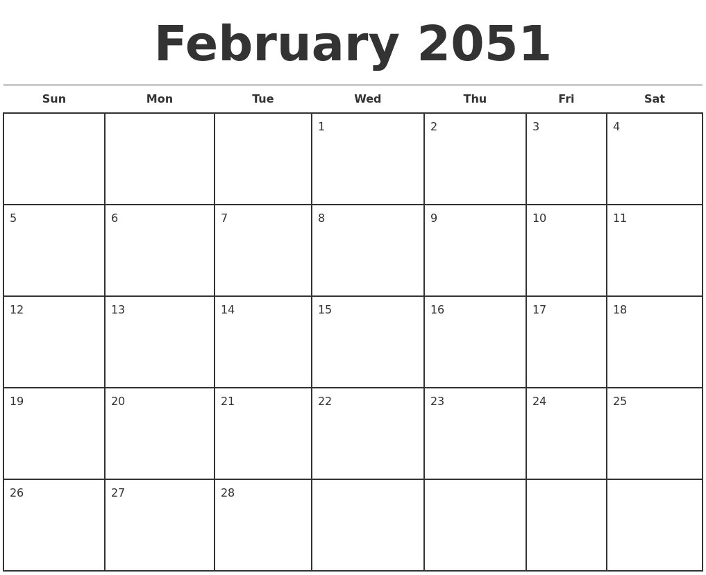 February 2051 Monthly Calendar Template