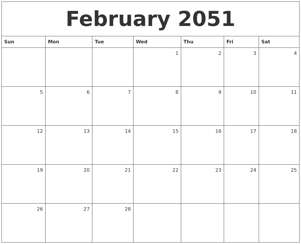 February 2051 Monthly Calendar