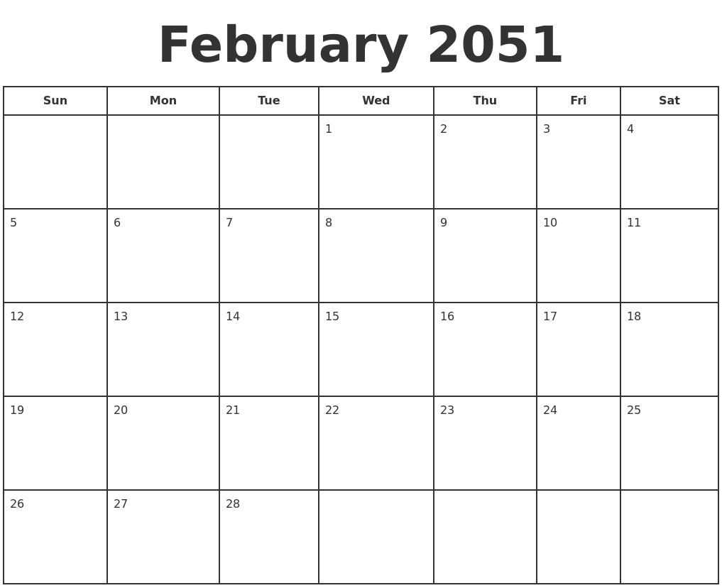 February 2051 Print A Calendar