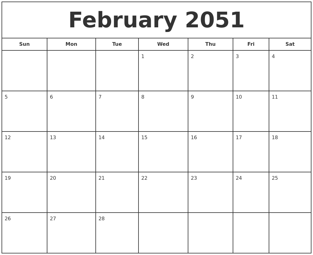 February 2051 Print Free Calendar
