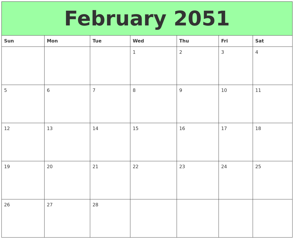 February 2051 Printable Calendars