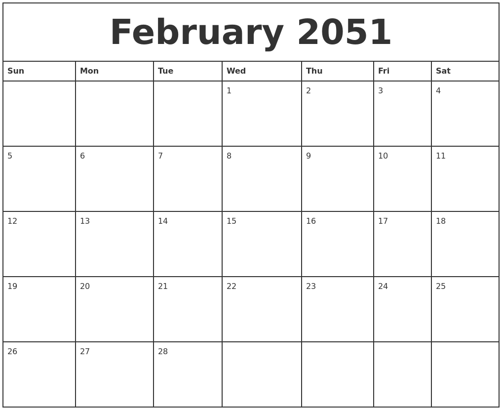 February 2051 Printable Monthly Calendar