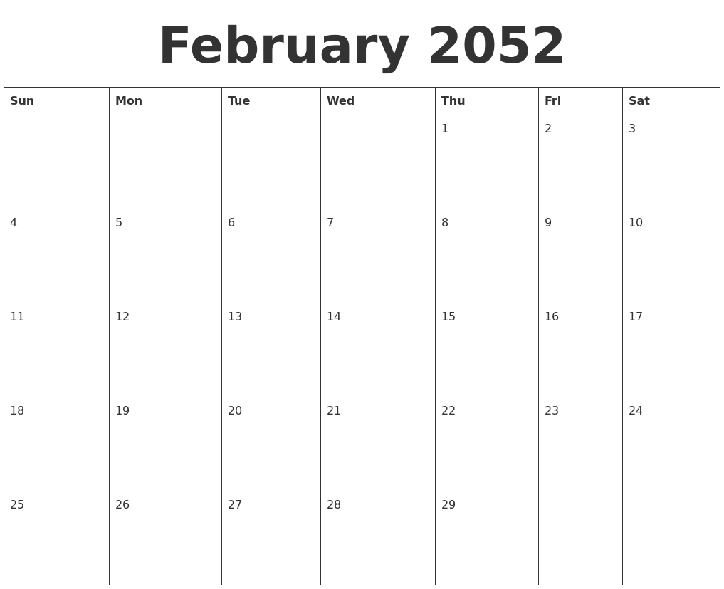 February 2052 Birthday Calendar Template