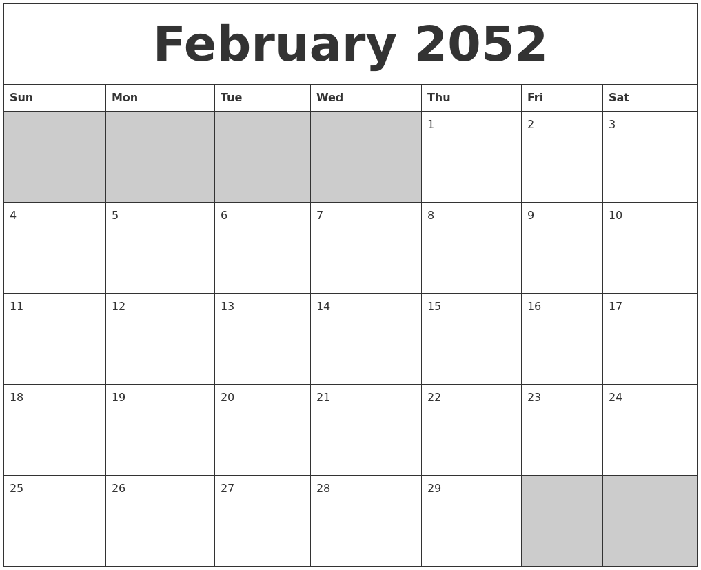 February 2052 Blank Printable Calendar