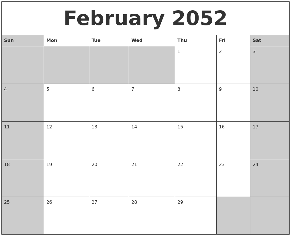 February 2052 Calanders