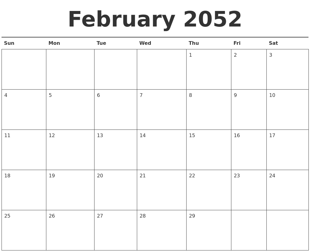 February 2052 Calendar Printable