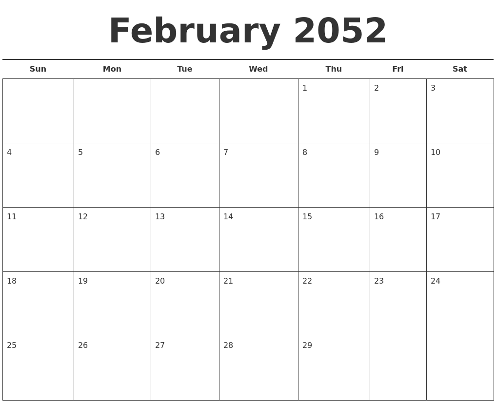 February 2052 Free Calendar Template