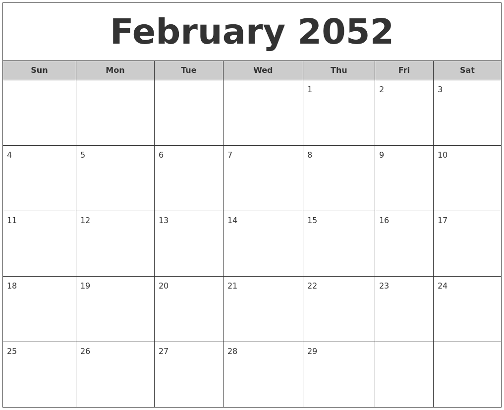 February 2052 Free Monthly Calendar