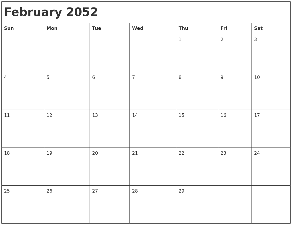 February 2052 Month Calendar