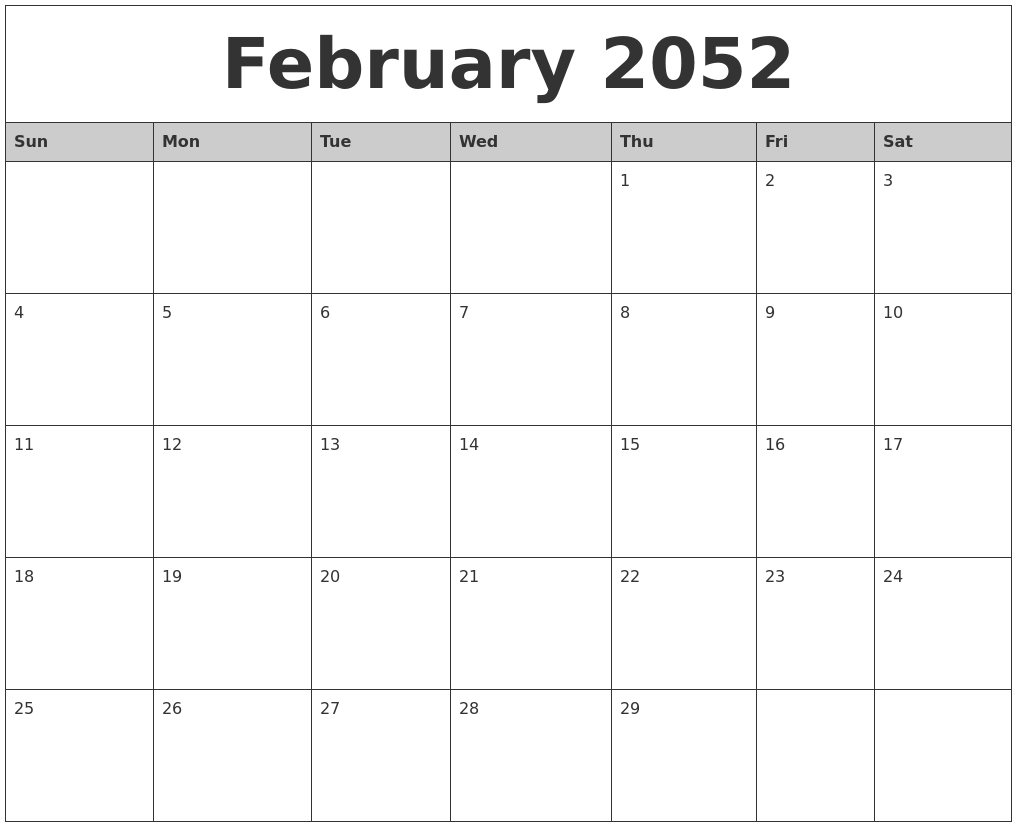 February 2052 Monthly Calendar Printable