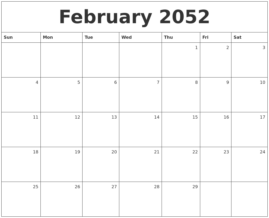 February 2052 Monthly Calendar