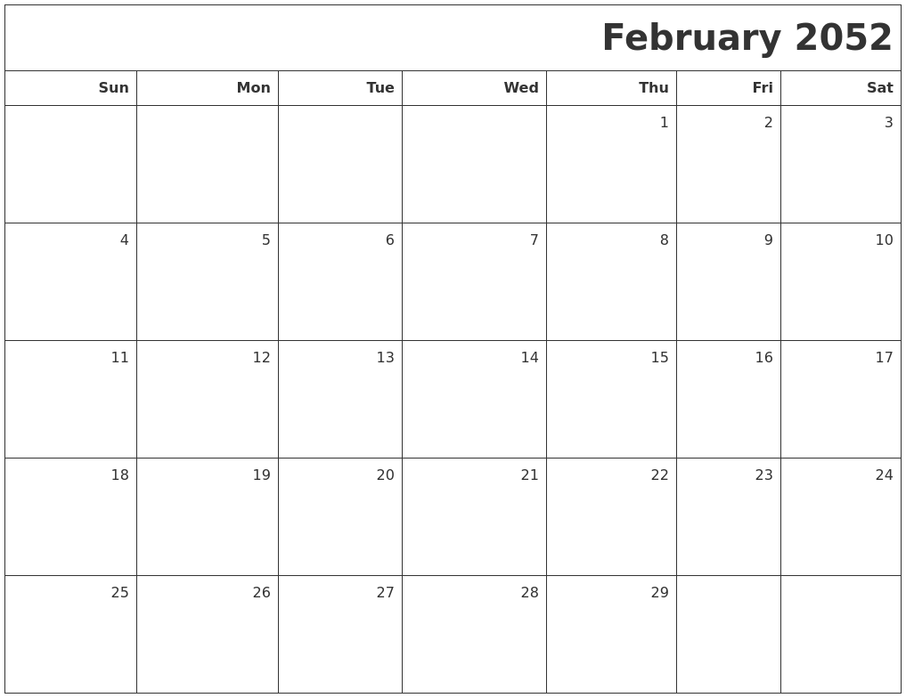 February 2052 Printable Blank Calendar