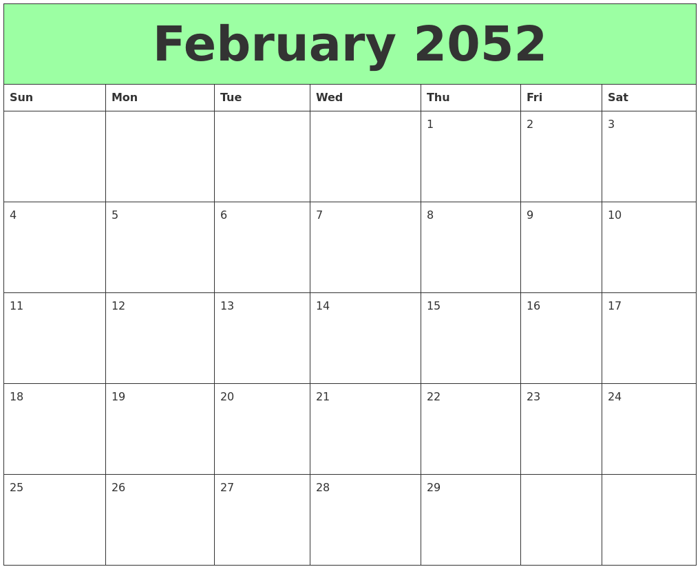 February 2052 Printable Calendars