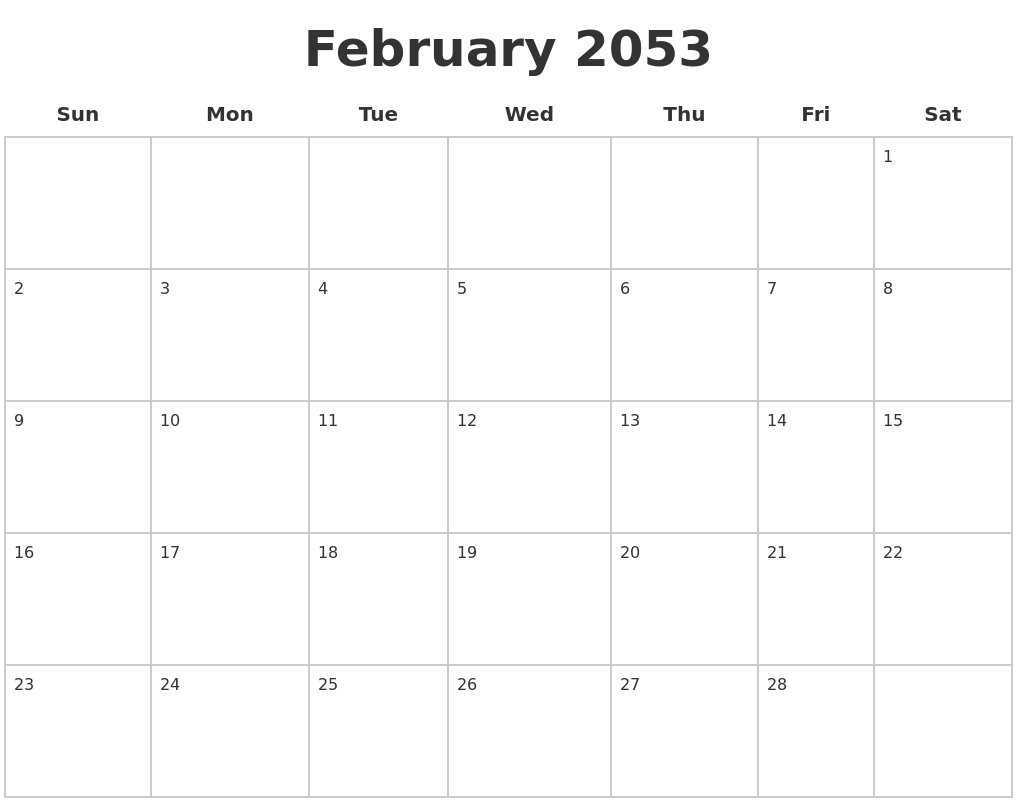 February 2053 Blank Calendar Pages