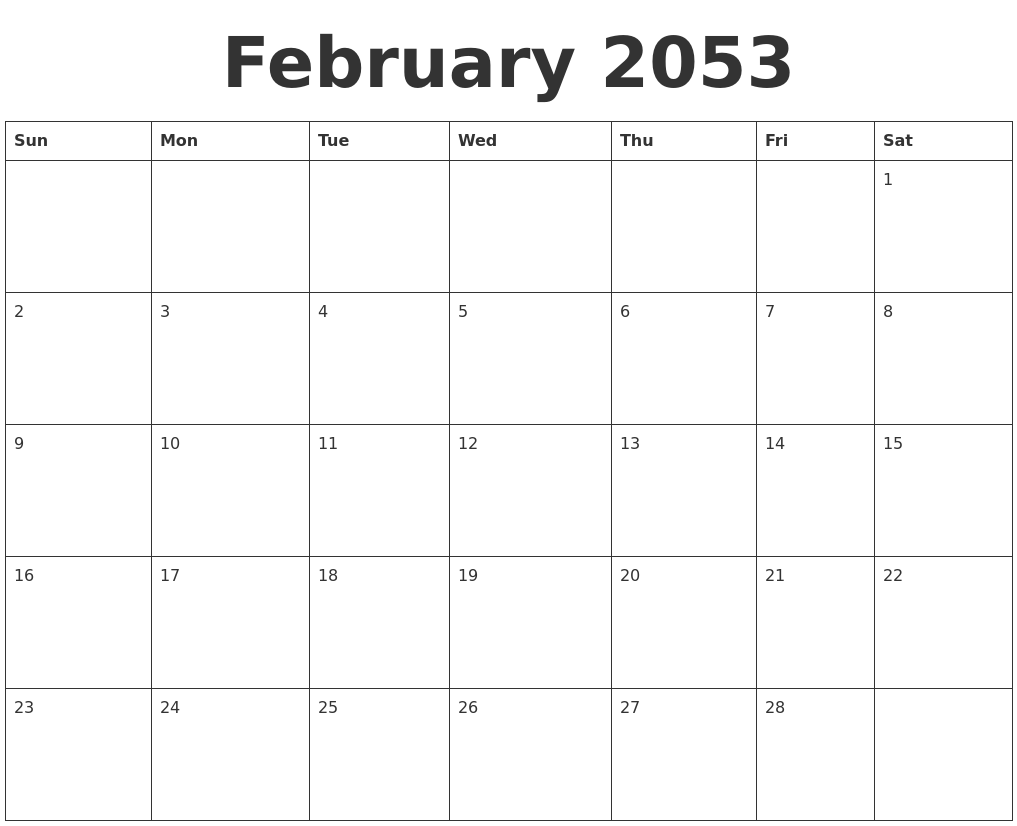 February 2053 Blank Calendar Template