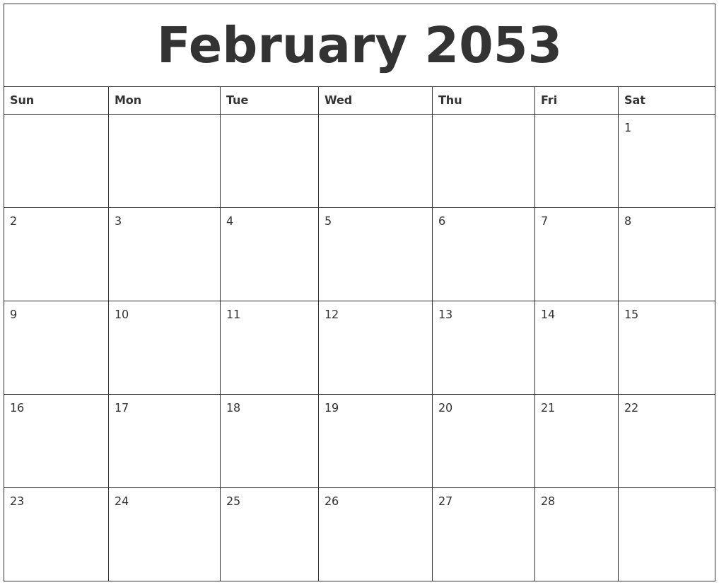 February 2053 Blank Monthly Calendar Template