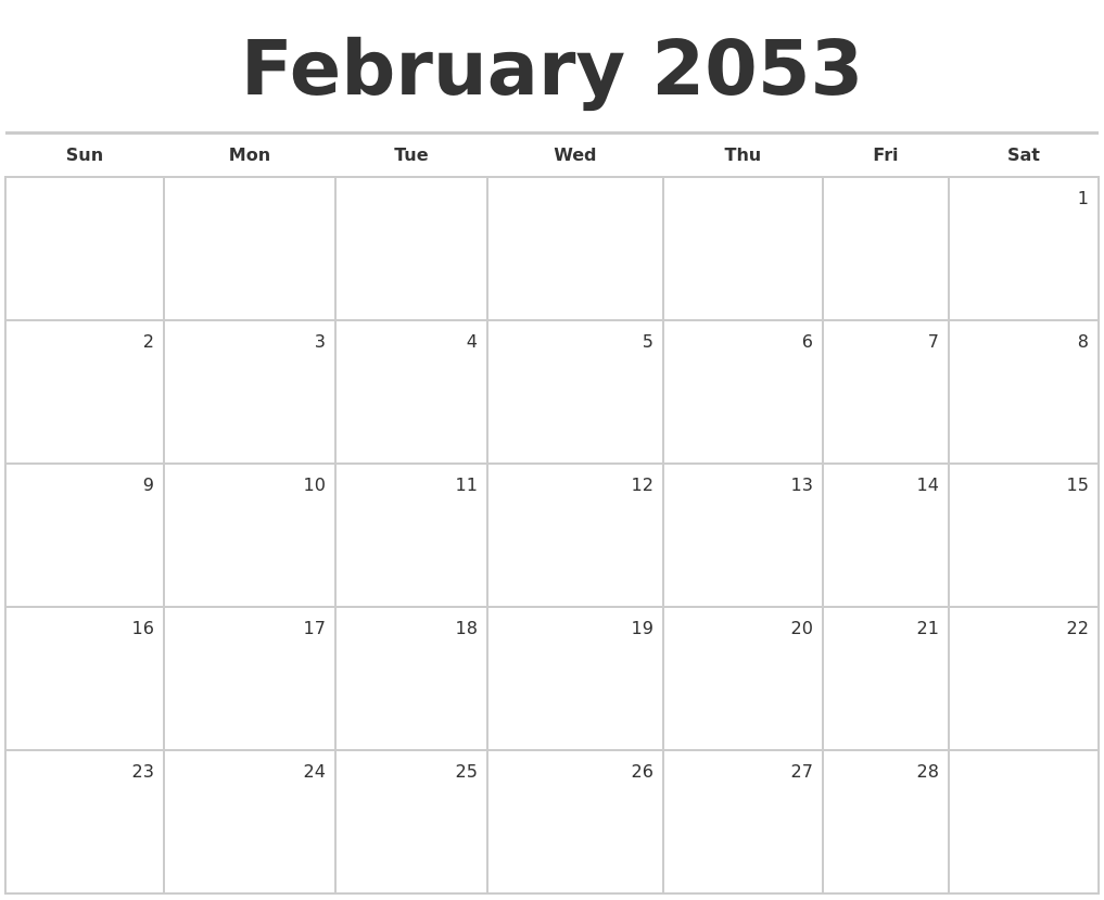 February 2053 Blank Monthly Calendar