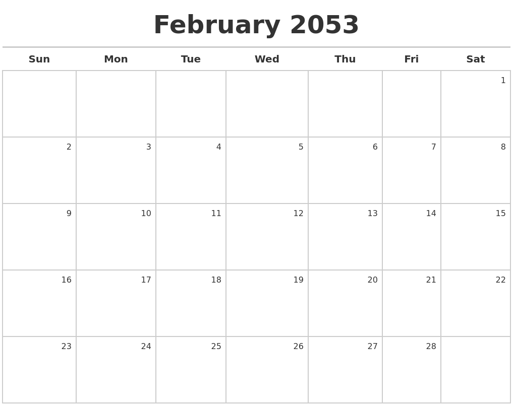 February 2053 Calendar Maker