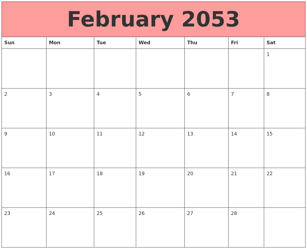 February 2053 Calendars That Work