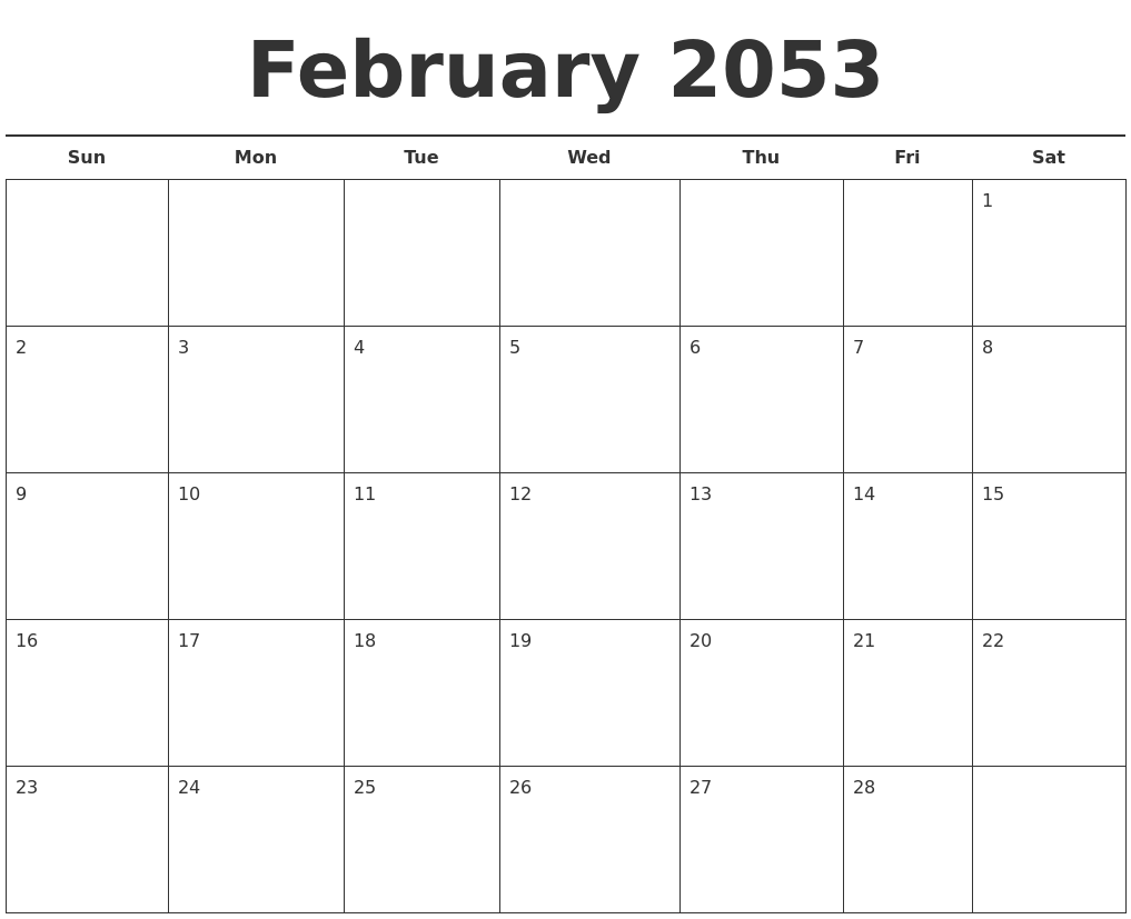 February 2053 Free Calendar Template